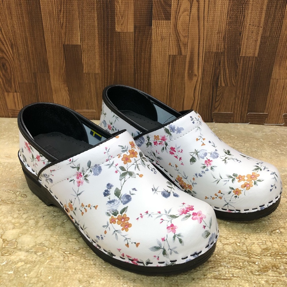 White Floral Slip-On Clogs for Women